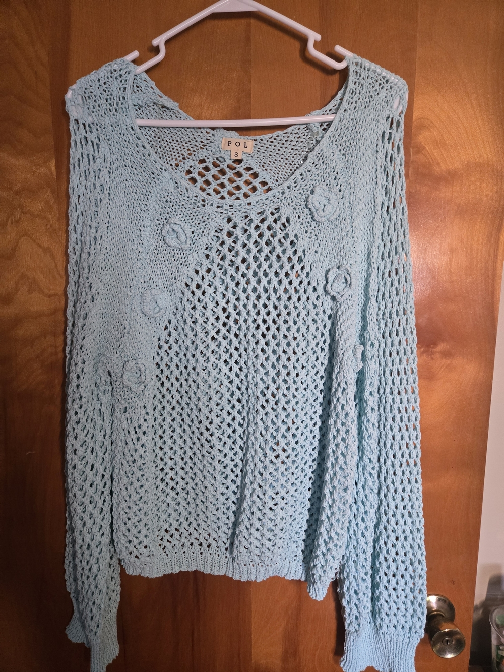 POL Aqua/Light Blue Open-Knit Floral Appliqué Scoop Neck Sweater NWT